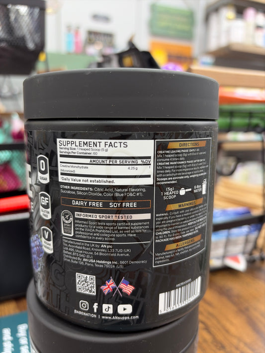 AN Creatine MOnohydrate Micronized Powder Blue Raspberry 60 Servings