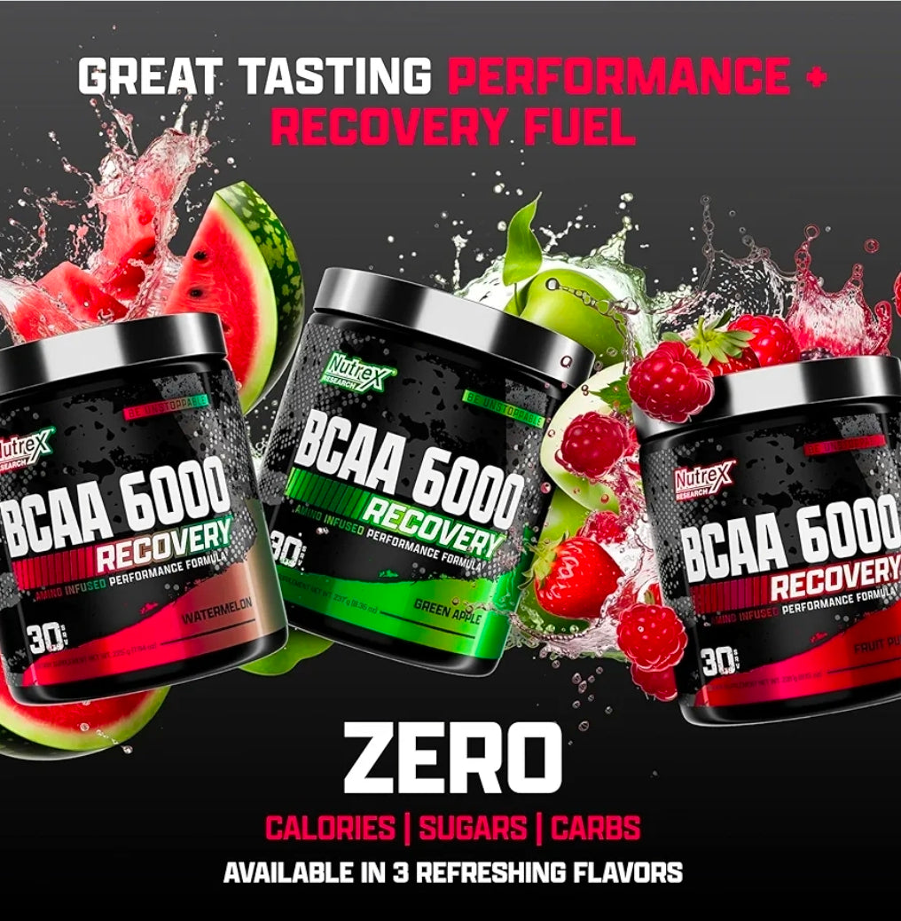 Nutrex Research - BCAA Powder 6000 Amino Acid - 6 Grams of BCAAs Amino Acids Supplement for Post Workout Recovery & Muscle Growth - Amino Energy Workout Recovery Drink (Fruit Punch - 30 Servings)