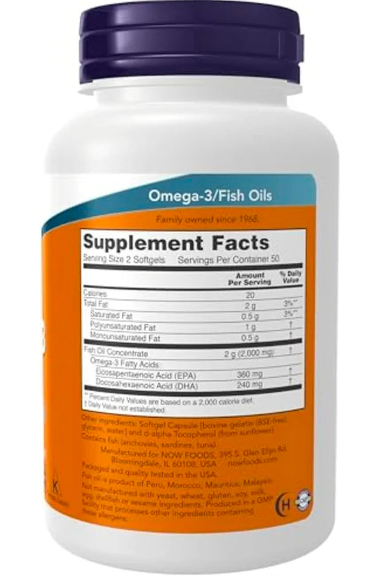 NOW Supplements, Omega-3 180 EPA / 120 DHA, Molecularly Distilled, Cardiovascular Support, 100 Softgels