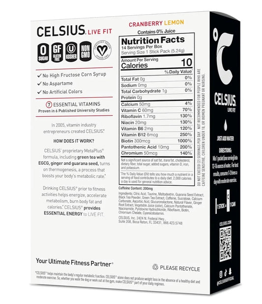 CELSIUS On The Go Cranberry Lemon, Sugar Free Energy Drink Mix (14 Sticks per Pack)