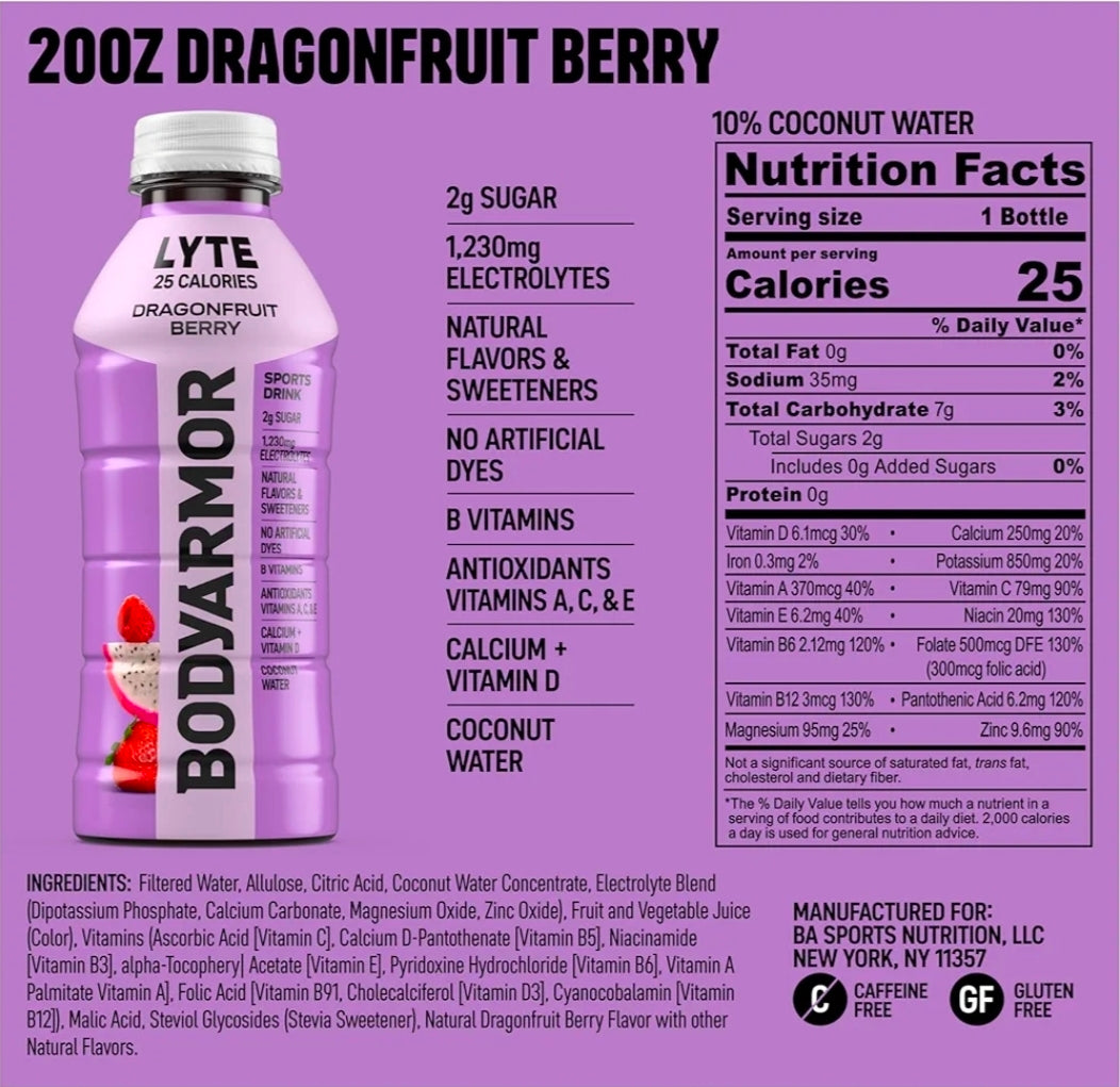 BODYARMOR LYTE Sports Drink Low-Calorie Sports Beverage, Dragonfruit Berry, Natural Flavors With Vitamins, Potassium-Packed Electrolytes, Perfect For Athletes, 20 Fl Oz