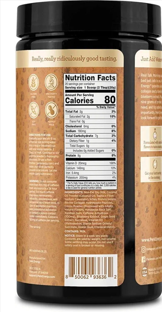 Perk Energy Drink Mix (Tan Mocha Latte) 20 Servings - Caffeinated Healthy Coffee Alternative with Protein, 100mg of Caffeine, Gluten-Free, Soy-Free, Peanut-Free