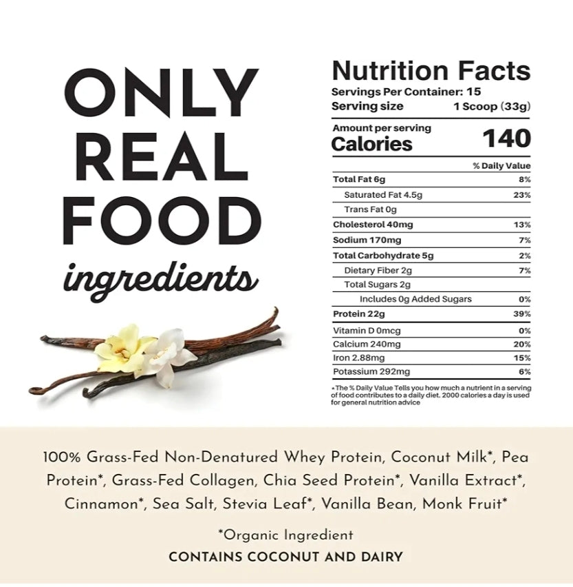 JUST INGREDIENTS Protein Powder | Vanilla Protein Powder Made with 100% Grass Fed, Non Denatured Whey | Four Different Protein Sources from Organic Whole Food Ingredients | 15 Servings | 22g Protein