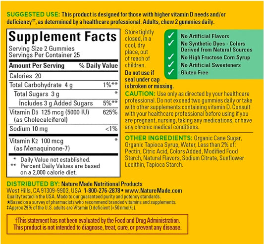 Nature Made Vitamin D3 K2 Gummies, Vitamin D 5000 IU Per Serving for Bone, Teeth, Muscle and Immune Support, 50 Gummy Vitamins, 25 Day Supply