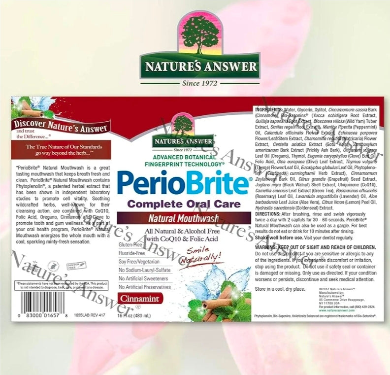 Nature's Answer PerioBrite Alcohol-Free Mouthwash, Cinnamon, 16-Fluid Ounce | Whitens Teeth | Freshens Breath | Removes Plaque | Minimizes Dry Mouth (Pack of 1)
