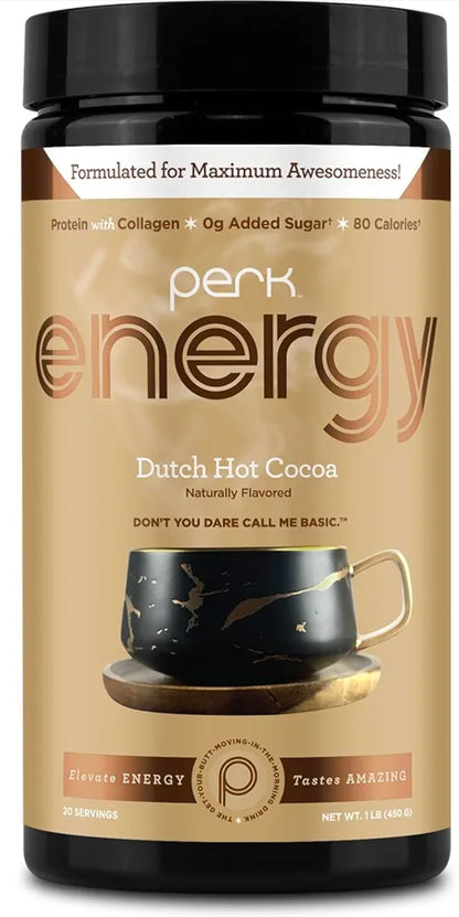 Perk Energy Drink Mix (Dutch Hot Cocoa) 20 Servings - Caffeinated Healthy Coffee Alternative with Protein, 100mg of Caffeine, Gluten-Free, Soy-Free, Peanut-Free
