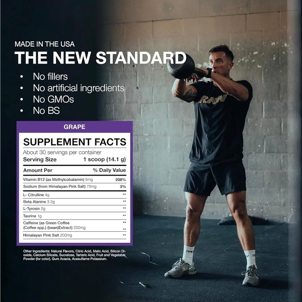 RAW Essential Pre-Workout Powder (Grape) - Chris Bumstead Sports Nutrition Supplement for Men & Women - Preworkout Energy Powder with Caffeine, L-Citrulline, L-Tyrosine, & Beta Alanine Blend
