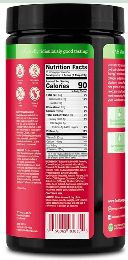Perk Energy Drink Mix (Mexican Hot Chocolate) 20 Servings - Caffeinated Healthy Coffee Alternative with Protein, 100mg of Caffeine, Gluten-Free, Soy-Free, Peanut-Free