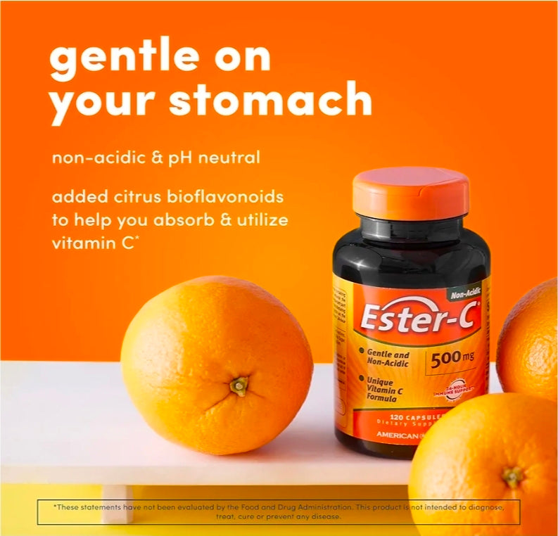 American Health Ester-C with Citrus Bioflavonoids Capsules - Gentle On Stomach, Non-Acidic Vitamin C - 500 mg, 60 Servings, 120 Count