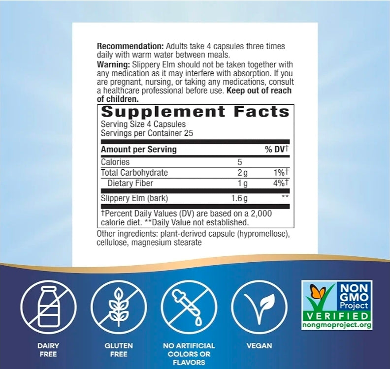 Nature's Way Slippery Elm Bark, Traditional Support to Soothe the GI Tract*, Vegan, Slippery Elm Capsules, 100 Capsules