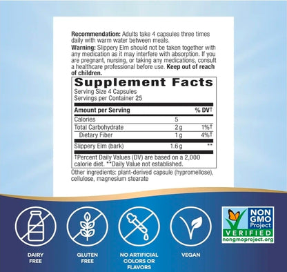 Nature's Way Slippery Elm Bark, Traditional Support to Soothe the GI Tract*, Vegan, Slippery Elm Capsules, 100 Capsules