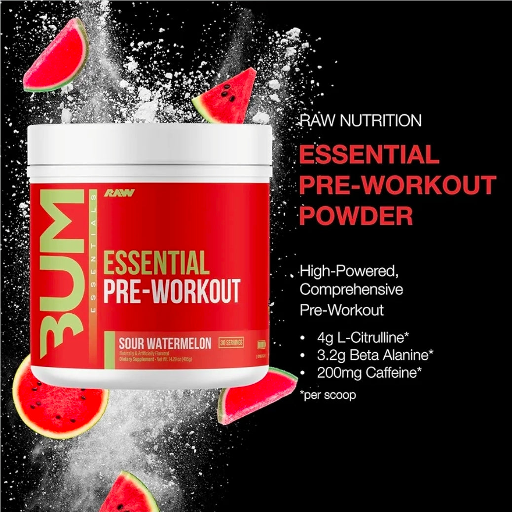 RAW Essential Pre-Workout Powder (Sour Watermelon) - Chris Bumstead Sports Nutrition Supplement for Men & Women - Preworkout Energy Powder with Caffeine, L-Citrulline, L-Tyrosine, & Beta Alanine Blend
