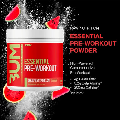RAW Essential Pre-Workout Powder (Sour Watermelon) - Chris Bumstead Sports Nutrition Supplement for Men & Women - Preworkout Energy Powder with Caffeine, L-Citrulline, L-Tyrosine, & Beta Alanine Blend