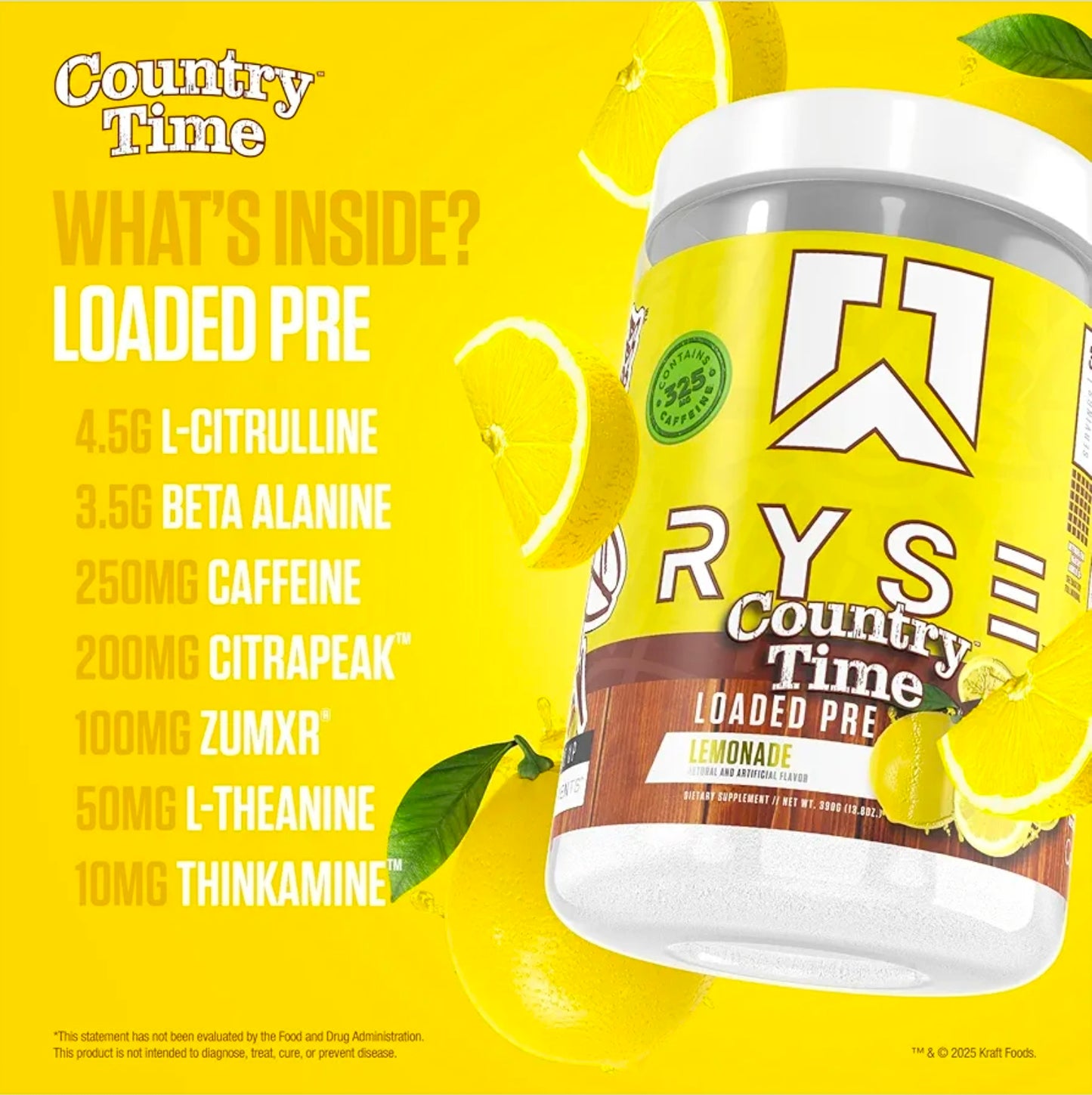RYSE Loaded Pre Workout Powder - Country Time Lemonade - Daily Pre-Workout for Men & Women with 325mg Caffeine, Beta Alanine, and Citrulline for Pump, Focus, and Energy - 30 Servings