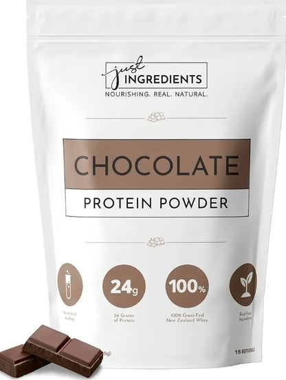 JUST INGREDIENTS Protein Powder | 15 Servings | 24g Protein | Chocolate Flavor Made with 100% Grass-Fed, Non-Denatured Whey | Five Different Sources from Organic Whole Food Ingredients