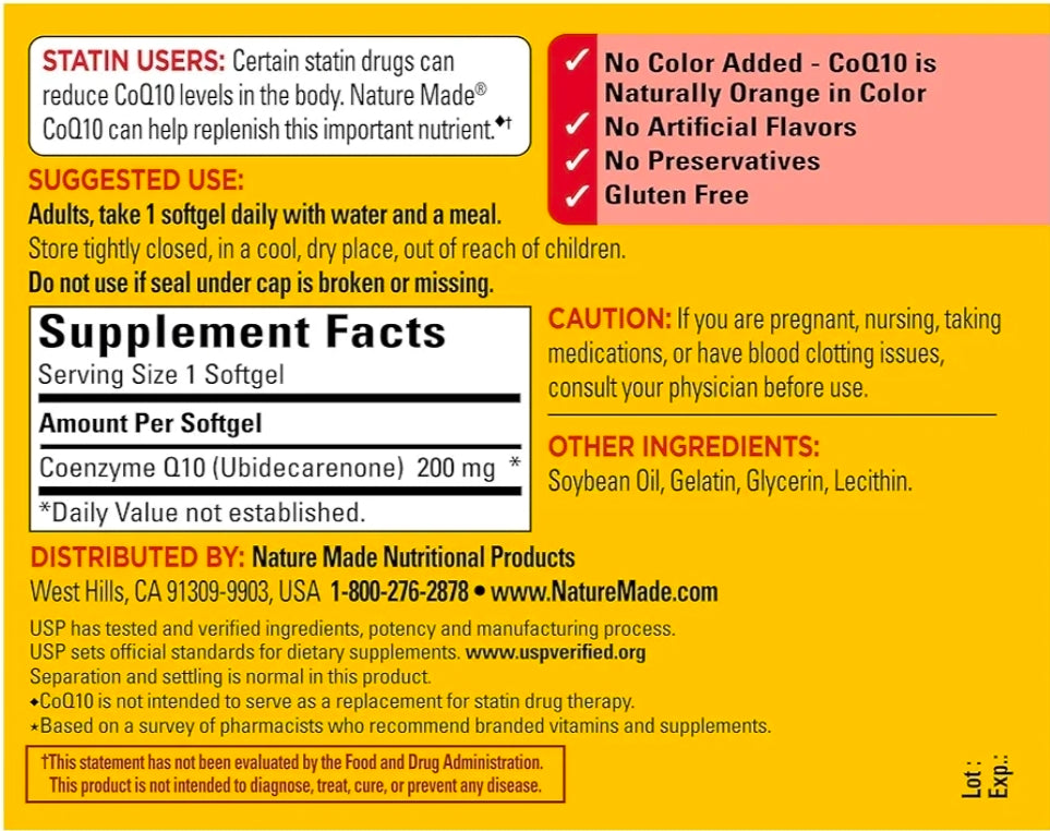 Nature Made CoQ10 200mg, Dietary Supplement for Heart Health Support, 105 Softgels, 105 Day Supply