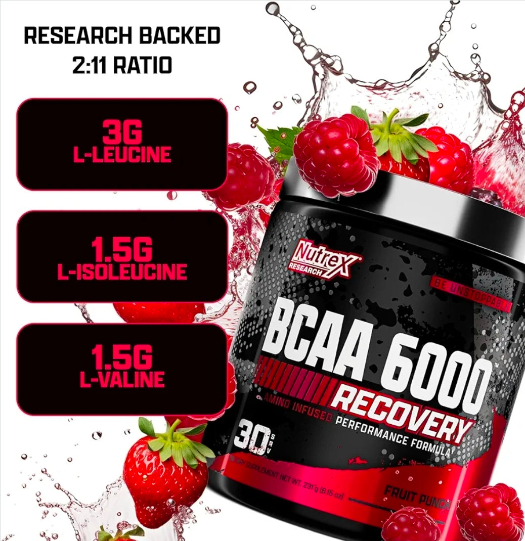 Nutrex Research - BCAA Powder 6000 Amino Acid - 6 Grams of BCAAs Amino Acids Supplement for Post Workout Recovery & Muscle Growth - Amino Energy Workout Recovery Drink (Fruit Punch - 30 Servings)