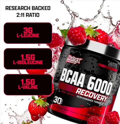 Nutrex Research - BCAA Powder 6000 Amino Acid - 6 Grams of BCAAs Amino Acids Supplement for Post Workout Recovery & Muscle Growth - Amino Energy Workout Recovery Drink (Fruit Punch - 30 Servings)