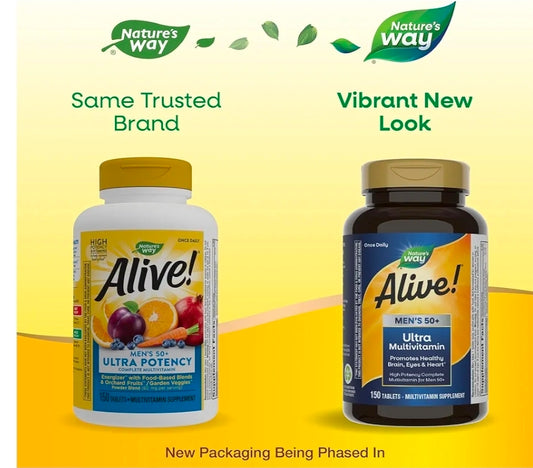 Nature's Way Alive! Men’s 50+ Daily Ultra Multivitamins, High Potency Formula, Supports Healthy Brain, Eyes & Heart*, with Methylated Vitamin B12, Gluten-Free, 150 Tablets