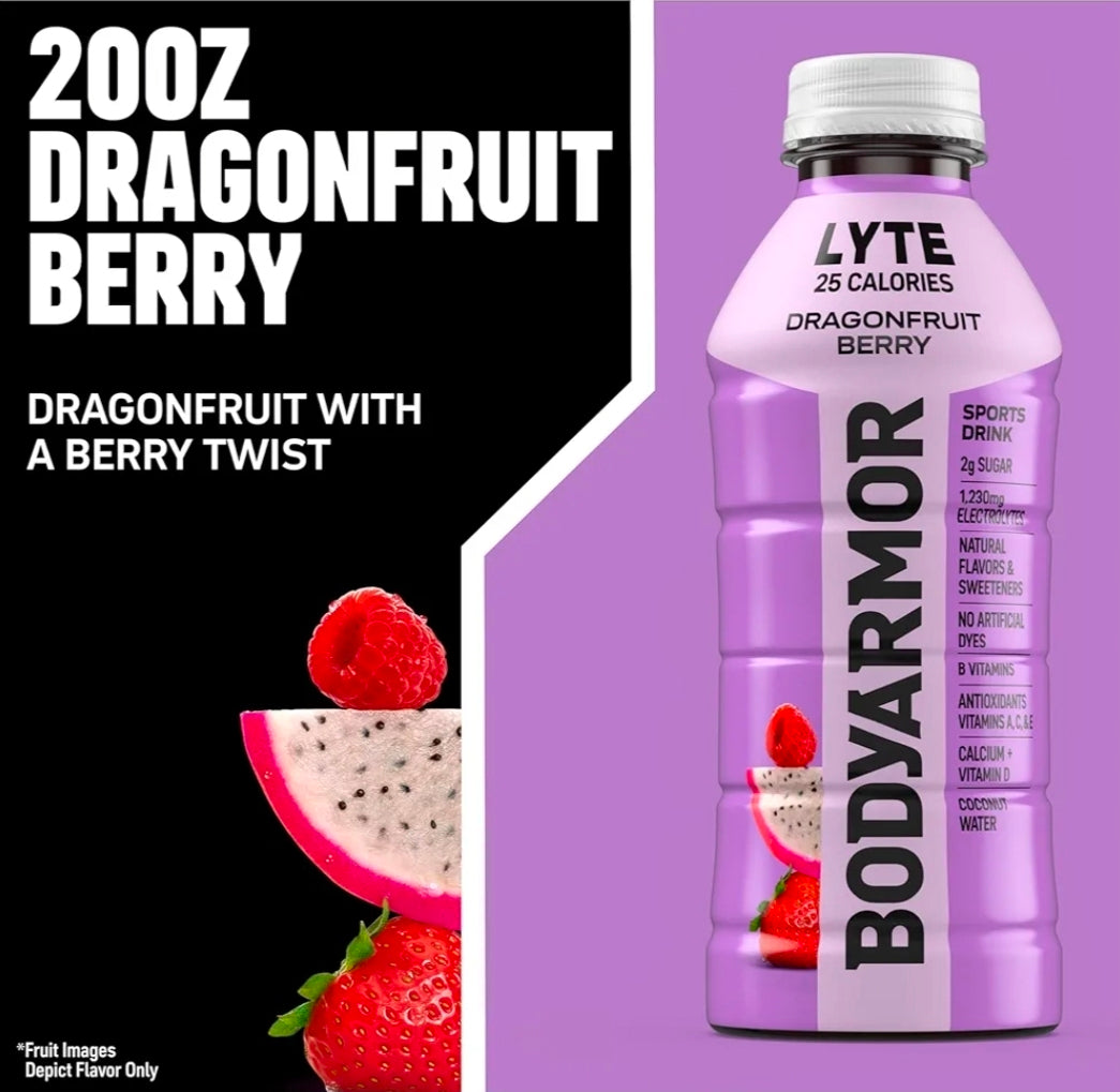 BODYARMOR LYTE Sports Drink Low-Calorie Sports Beverage, Dragonfruit Berry, Natural Flavors With Vitamins, Potassium-Packed Electrolytes, Perfect For Athletes, 20 Fl Oz