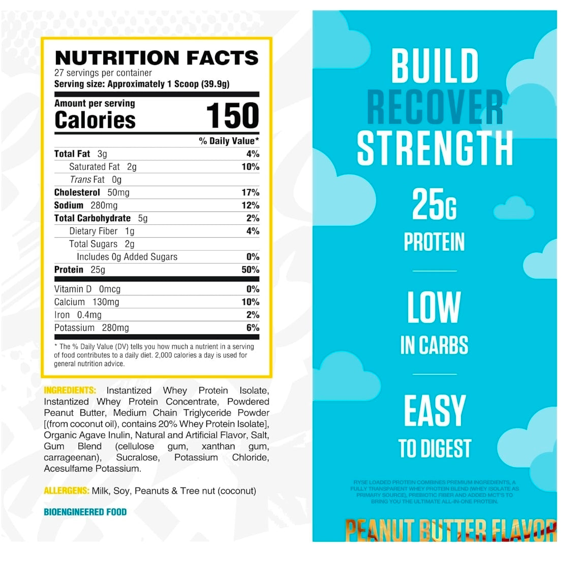 RYSE Loaded Protein Powder - Skippy Peanut Butter - 25g Whey Protein Isolate & Concentrate with Prebiotic Fiber & MCTs - Low Carb, Low Sugar
