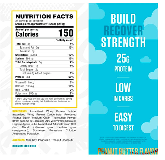 RYSE Loaded Protein Powder - Skippy Peanut Butter - 25g Whey Protein Isolate & Concentrate with Prebiotic Fiber & MCTs - Low Carb, Low Sugar