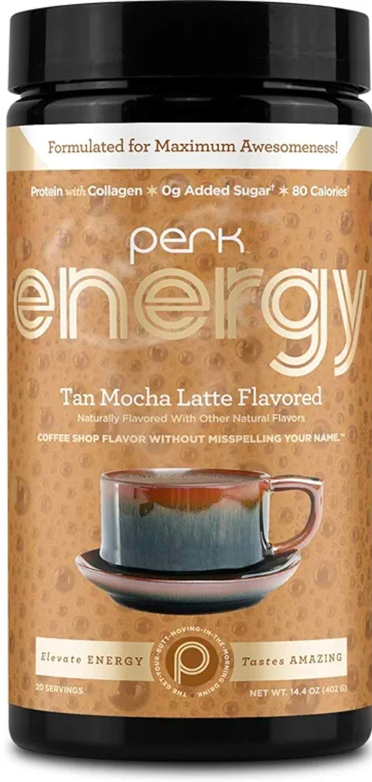 Perk Energy Drink Mix (Tan Mocha Latte) 20 Servings - Caffeinated Healthy Coffee Alternative with Protein, 100mg of Caffeine, Gluten-Free, Soy-Free, Peanut-Free