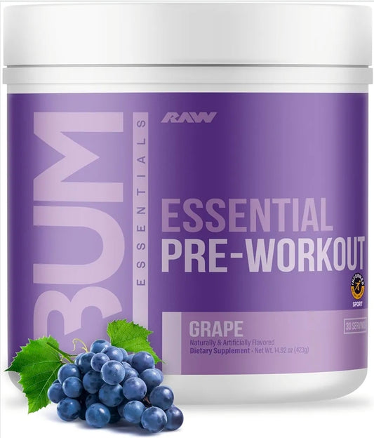 RAW Essential Pre-Workout Powder (Grape) - Chris Bumstead Sports Nutrition Supplement for Men & Women - Preworkout Energy Powder with Caffeine, L-Citrulline, L-Tyrosine, & Beta Alanine Blend