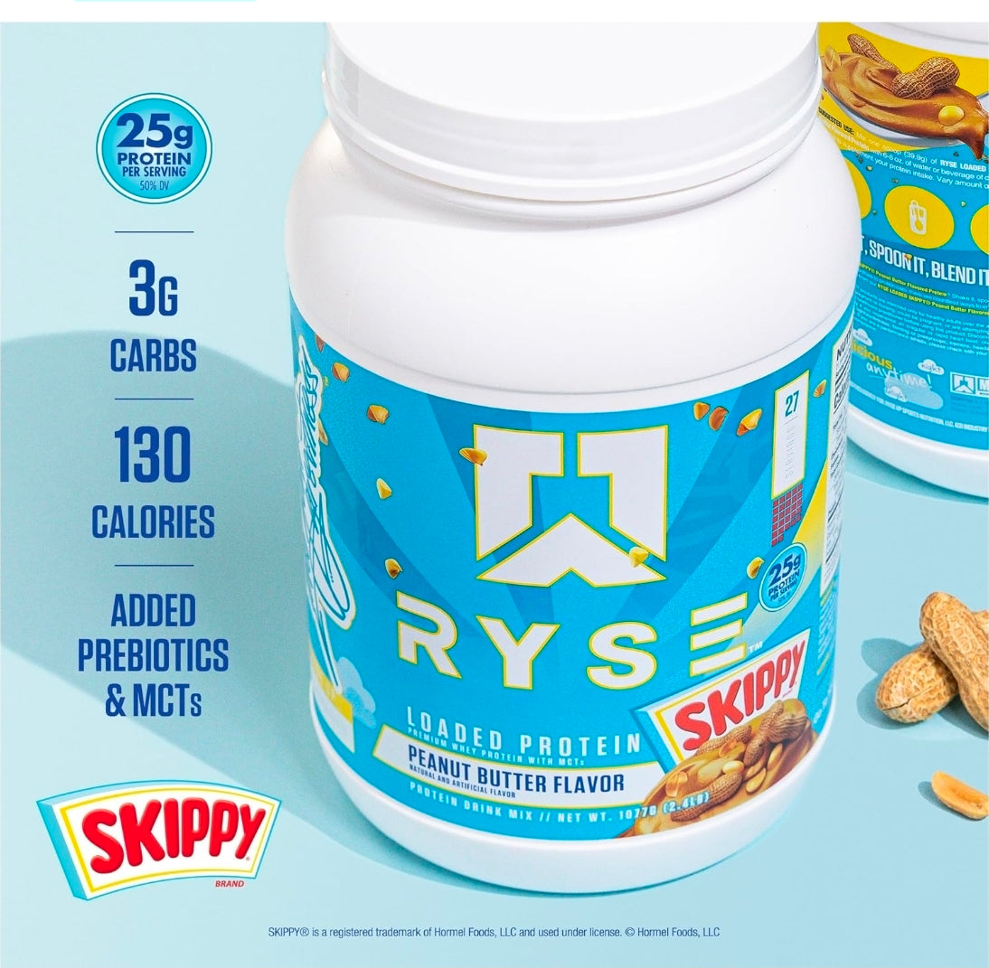 RYSE Loaded Protein Powder - Skippy Peanut Butter - 25g Whey Protein Isolate & Concentrate with Prebiotic Fiber & MCTs - Low Carb, Low Sugar