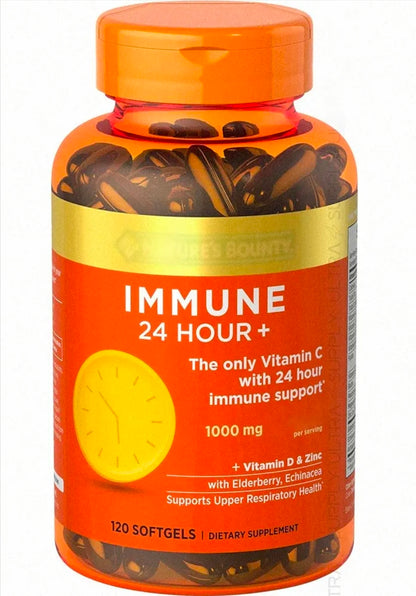 Nature's Bounty Immune 24 Hour + 1000mg Vitamin C (120 Count.) with Vitamin D, Zinc, Elderberry & Echinacea - Non-GMO, Rapid Release Softgels