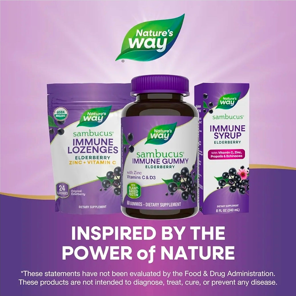 Nature’s Way Sambucus Elderberry Gummies, Immune Support Gummies*, Black Elderberry with Vitamin C and Zinc, 60 Gummies