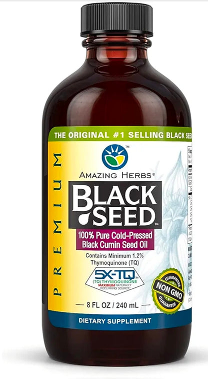 Amazing Herbs Premium Black Seed Oil - Cold Pressed Nigella Sativa Aids in Digestive Health, Immune Support, Brain Function, Joint Mobility, Gluten Free, Non GMO - 8 Fl Oz
