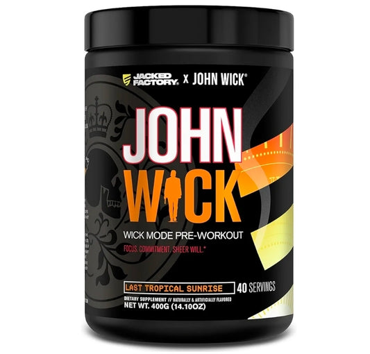 Jacked Factory X John Wick - Wick Mode Pre Workout Powder - Intense Energy, Battle-Ready Focus, Unstoppable Commitment, and Sheer Will - 40 Servings, Last Tropical Sunrise