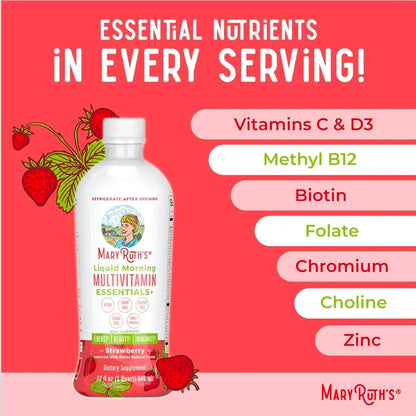 MaryRuth Organics Liquid Morning Multivitamin Essentials+ | Vitamin A C D E B6 B12 Biotin Zinc | Men's & Women's | Immune Support | Beauty | Sugar Free | Vitamins for Ages 1+ | Vegan | 32 Fl Oz