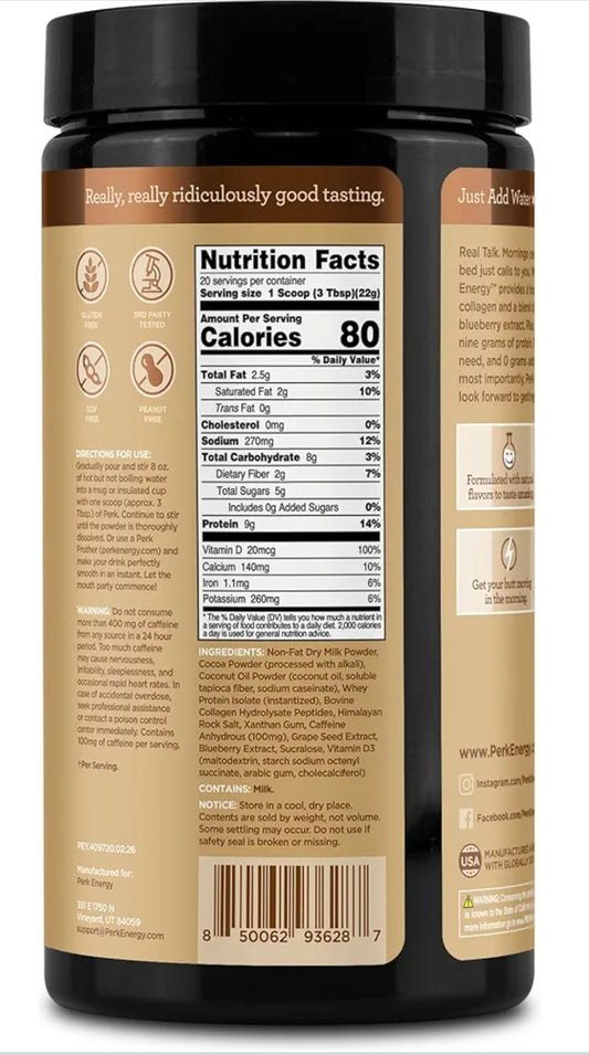 Perk Energy Drink Mix (Dutch Hot Cocoa) 20 Servings - Caffeinated Healthy Coffee Alternative with Protein, 100mg of Caffeine, Gluten-Free, Soy-Free, Peanut-Free