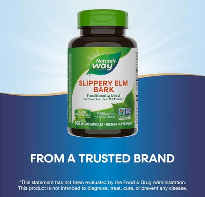 Nature's Way Slippery Elm Bark, Traditional Support to Soothe the GI Tract*, Vegan, Slippery Elm Capsules, 100 Capsules