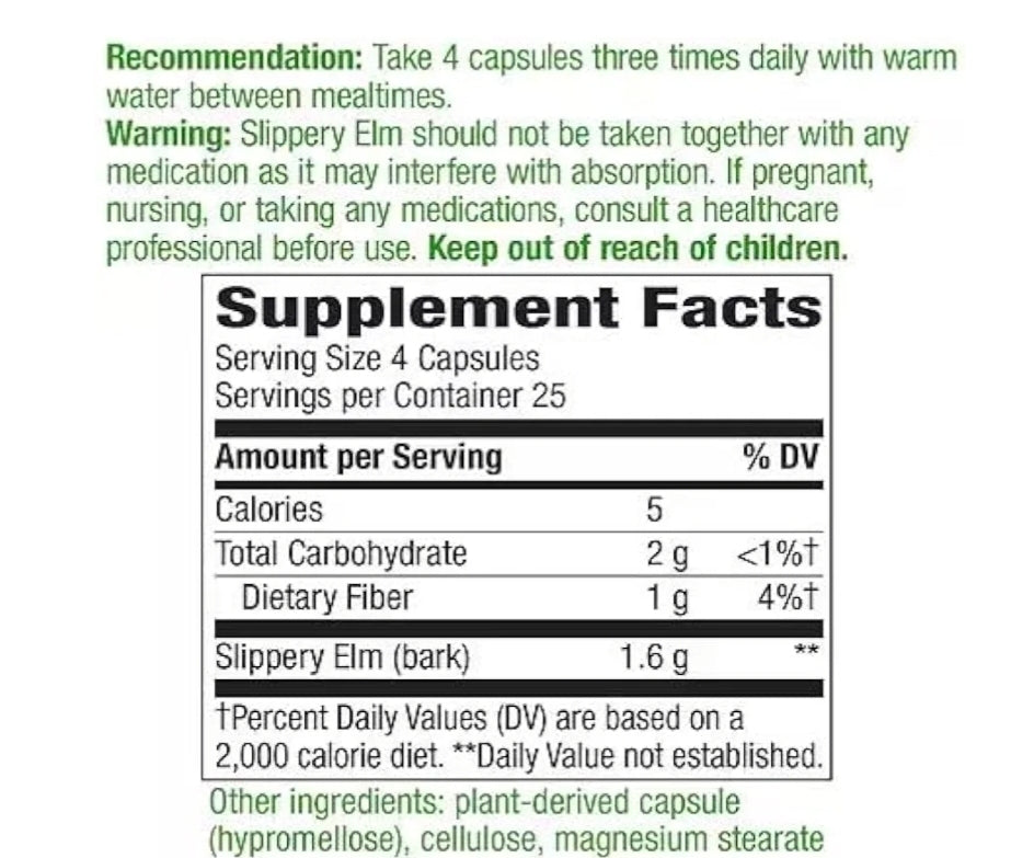 Slippery Elm Bark 400mg Dietary Supplement Compatible with Nature's Way, 100Ct
