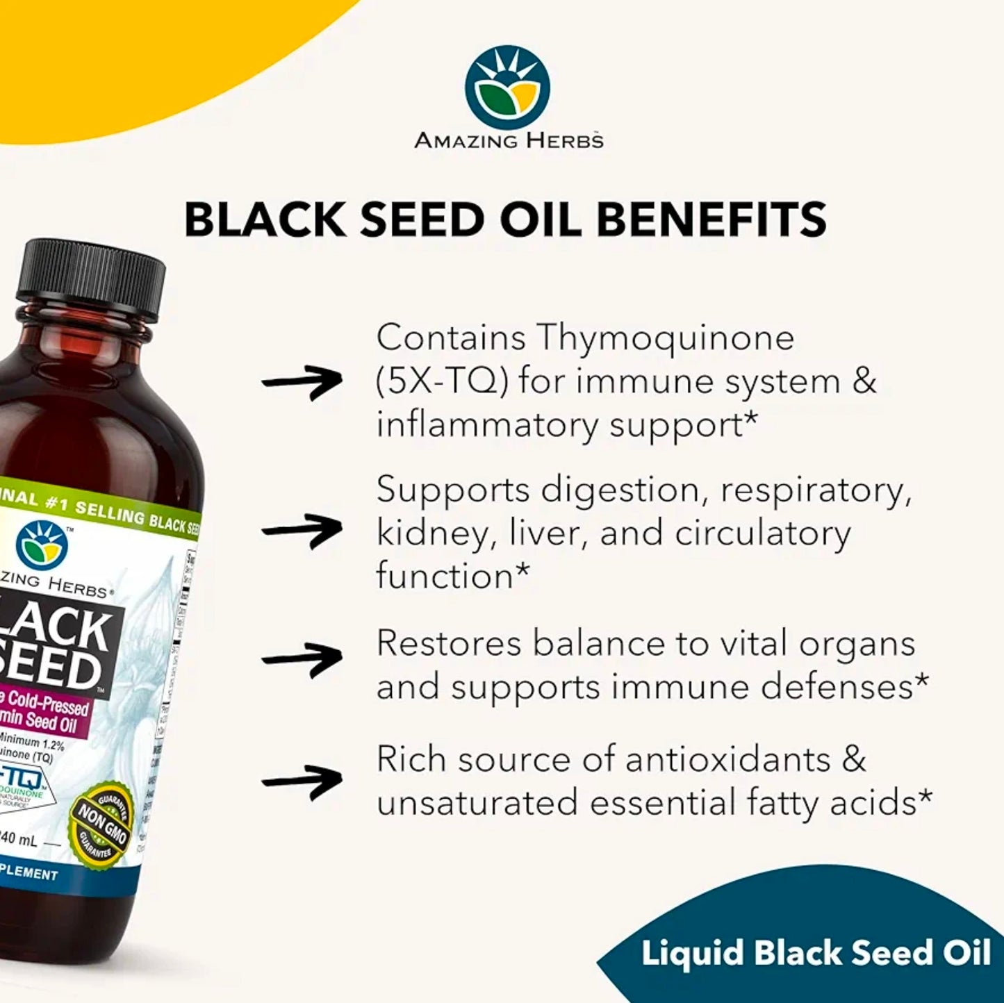 Amazing Herbs Premium Black Seed Oil - Cold Pressed Nigella Sativa Aids in Digestive Health, Immune Support, Brain Function, Joint Mobility, Gluten Free, Non GMO - 8 Fl Oz