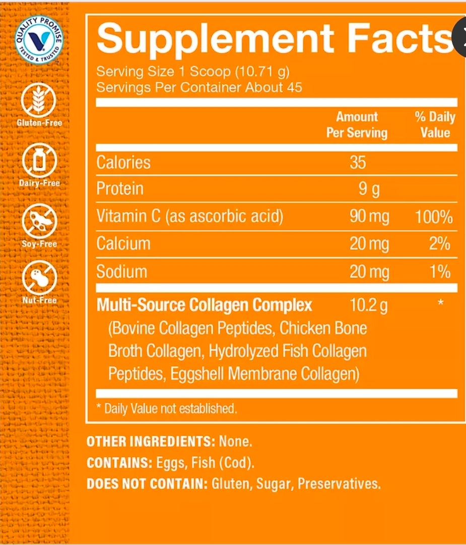 Multi-Source Collagen Powder - 5 Types of Collagen to Support Hair, Skin & Nails - Unflavored (45 Servings)