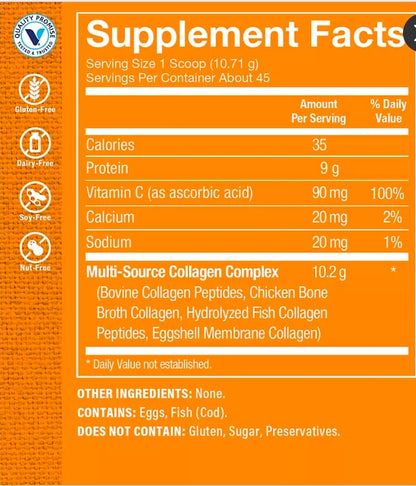 Multi-Source Collagen Powder - 5 Types of Collagen to Support Hair, Skin & Nails - Unflavored (45 Servings)