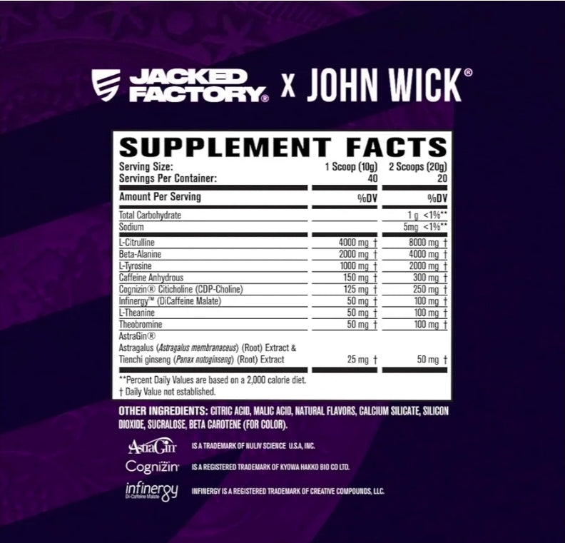 Jacked Factory X John Wick - Wick Mode Pre Workout Powder - Intense Energy, Battle-Ready Focus, Unstoppable Commitment, and Sheer Will - 40 Servings, Last Tropical Sunrise