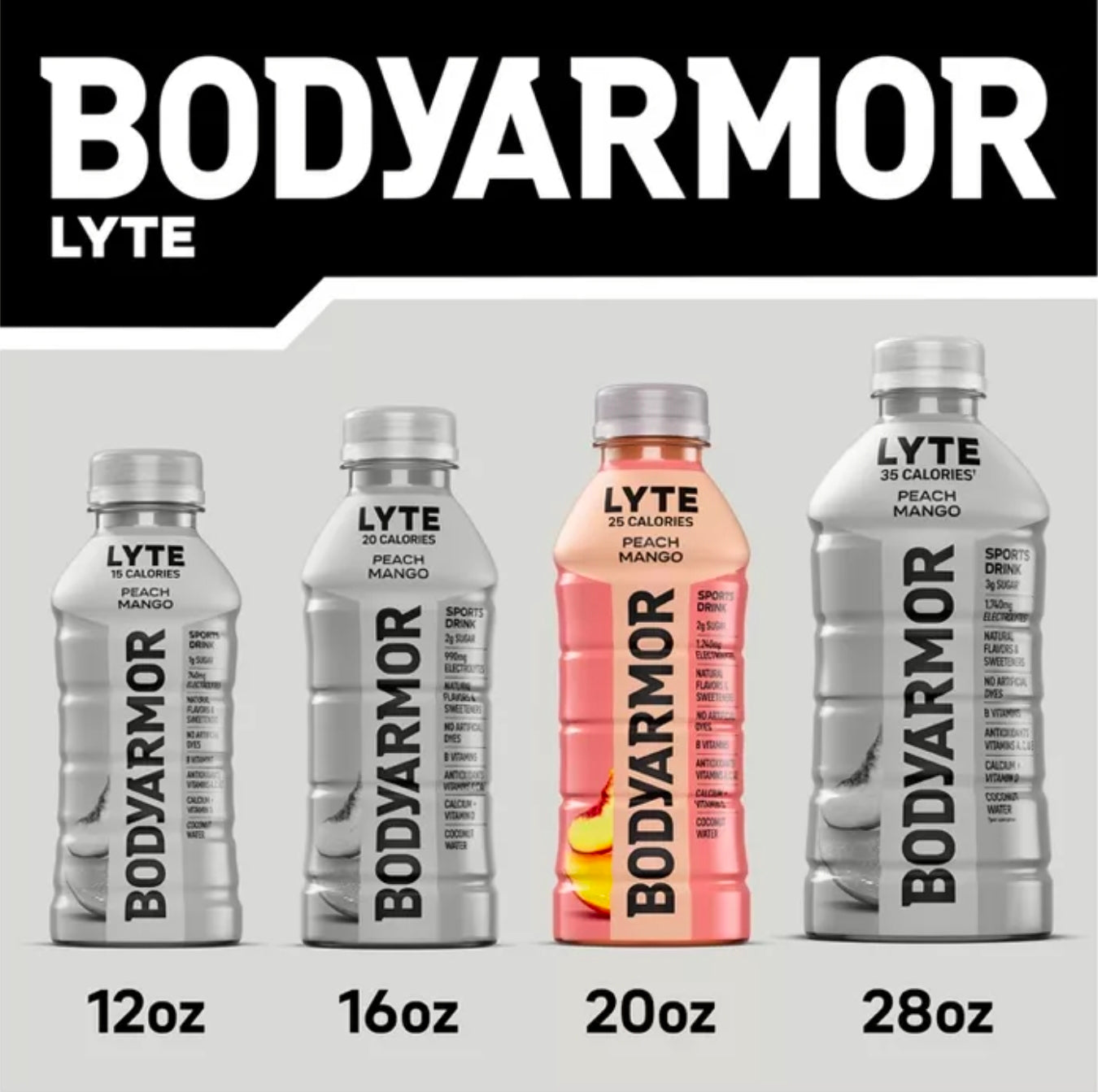 BODYARMOR LYTE Sports Drink Low-Calorie Sports Beverage, Peach Mango, Coconut Water Hydration, Natural Flavors With Vitamins, Potassium-Packed Electrolytes, Perfect For Athletes, 20FI Oz