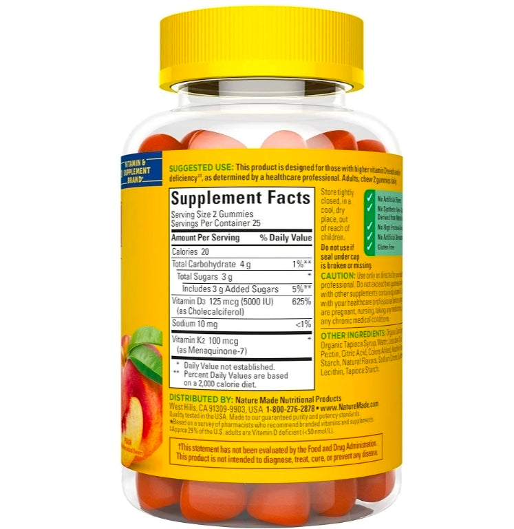 Nature Made Vitamin D3 K2 Gummies, Vitamin D 5000 IU Per Serving for Bone, Teeth, Muscle and Immune Support, 50 Gummy Vitamins, 25 Day Supply