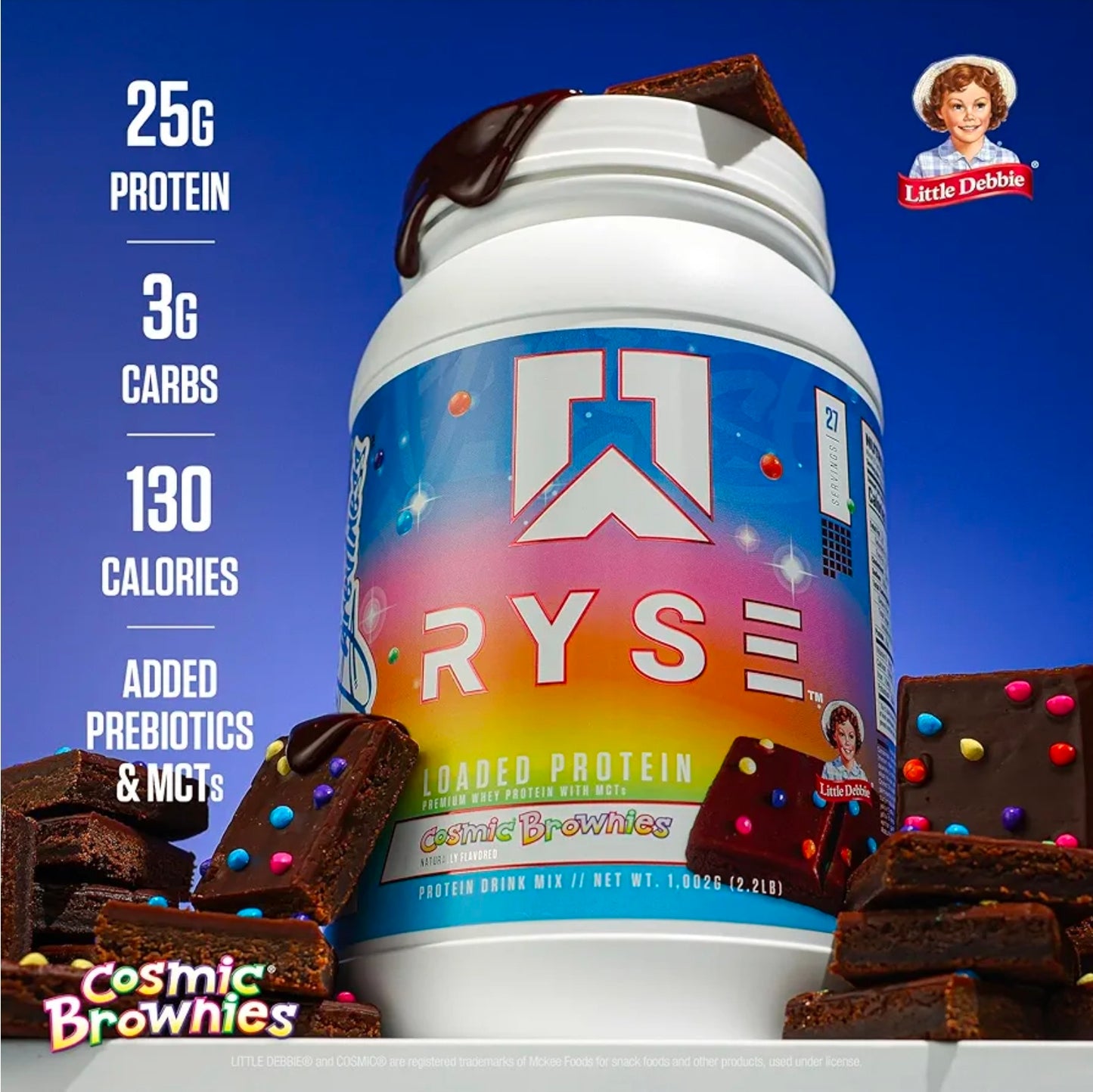 RYSE Loaded Protein Powder - Little Debbie Cosmic Brownie - 25g Whey Protein Isolate & Concentrate with Prebiotic Fiber & MCTs - Low Carb, Low Sugar, Digestive-Friendly - 27 Servings / 2 lb Tub