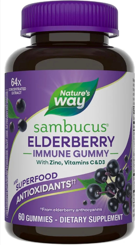 Nature’s Way Sambucus Elderberry Gummies, Immune Support Gummies*, Black Elderberry with Vitamin C and Zinc, 60 Gummies