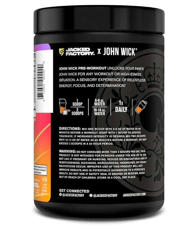 Jacked Factory X John Wick - Wick Mode Pre Workout Powder - Intense Energy, Battle-Ready Focus, Unstoppable Commitment, and Sheer Will - 40 Servings, Last Tropical Sunrise