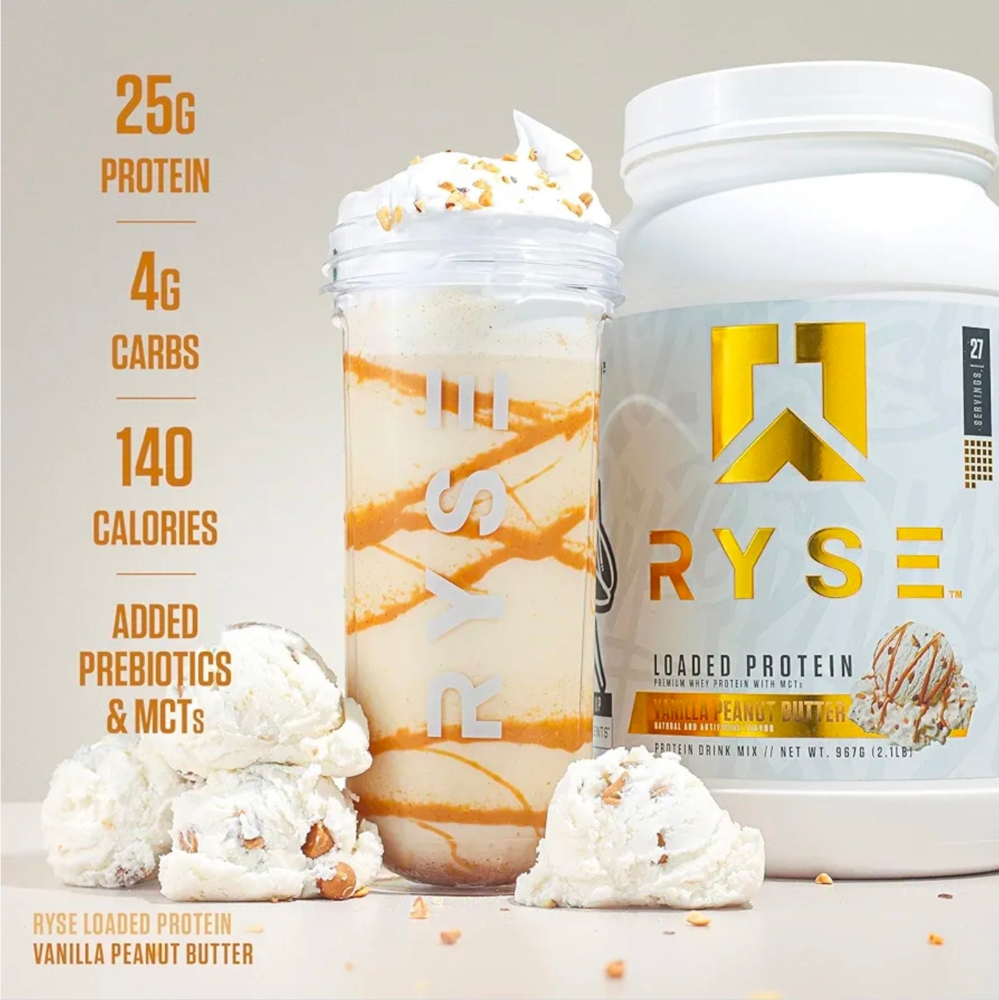 RYSE Loaded Protein Powder - Vanilla Peanut Butter - 25g Whey Protein Isolate & Concentrate with Prebiotic Fiber & MCTs - Low Carb, Low Sugar, Digestive-Friendly - 27 Servings / 2 lb Tub