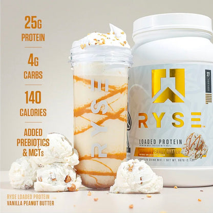 RYSE Loaded Protein Powder - Vanilla Peanut Butter - 25g Whey Protein Isolate & Concentrate with Prebiotic Fiber & MCTs - Low Carb, Low Sugar, Digestive-Friendly - 27 Servings / 2 lb Tub