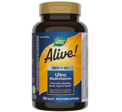 Nature's Way Alive! Men’s 50+ Daily Ultra Multivitamins, High Potency Formula, Supports Healthy Brain, Eyes & Heart*, with Methylated Vitamin B12, Gluten-Free, 150 Tablets