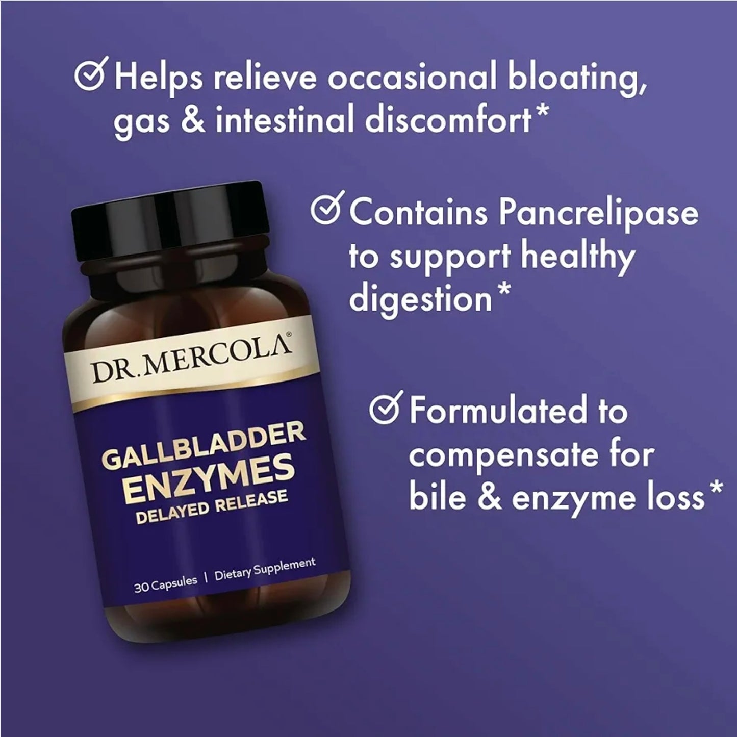 Dr. Mercola Gallbladder Enzymes - Gallbladder & Digestive Health Support - Includes Pancreatic Protease, Amylase & Lipase - Non-GMO, Gluten-Free & Soy-Free - 30 Delayed Release Capsules (30 Servings)